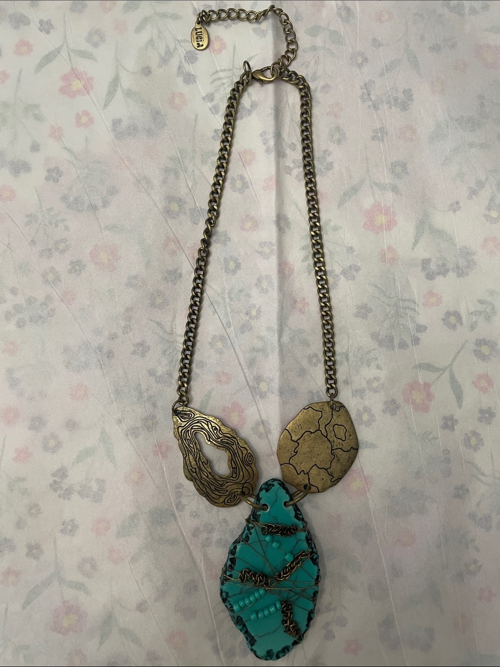 Turquoise Stone Pendant Necklace with Antique Gold Accents